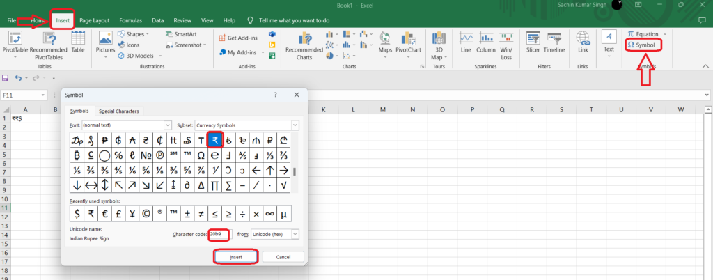 How to add rupee and dollar symbol in MS DOC and EXcel doc